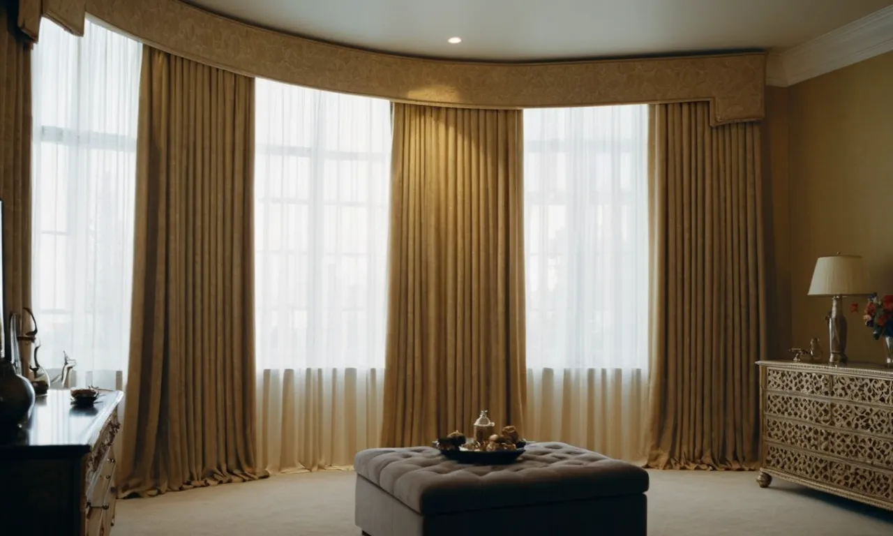 A photo showcasing a slanted ceiling with curtains elegantly hung from a sturdy curtain rod, highlighting the clever use of hooks or brackets to ensure a secure and level display.