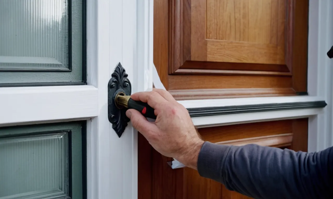 A close-up shot capturing the skilled hands of a contractor meticulously sealing the gaps around a front door, using weatherstripping material, ensuring maximum insulation and energy efficiency.