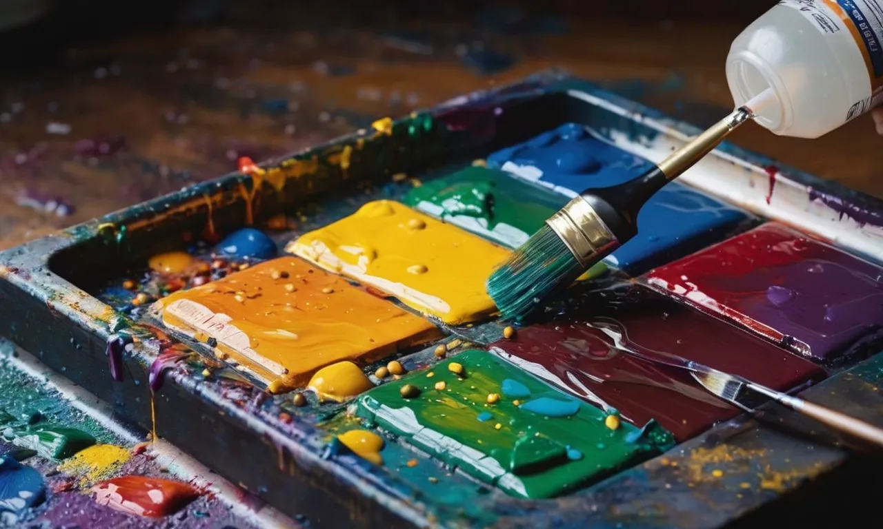 A painting depicting a palette with a palette knife and a spray bottle, demonstrating techniques to keep acrylic paint wet.