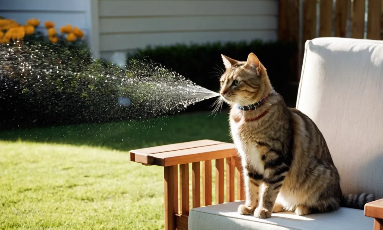 A photo capturing a clever solution to keep cats off outdoor furniture: a strategically placed, motion-activated sprinkler that surprises feline intruders with a harmless spray of water, deterring them from lounging.