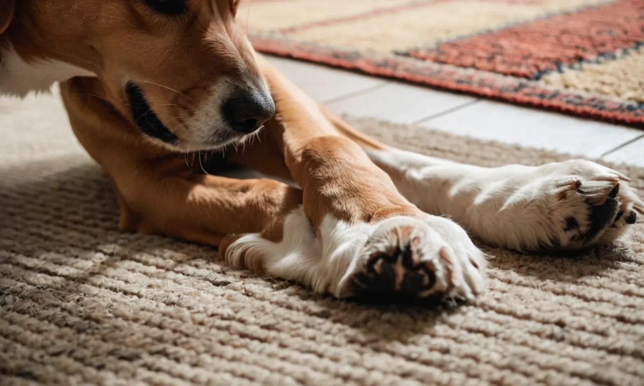 A close-up photo capturing a dog's paw gently resting on a doormat, showcasing a peaceful alternative to scratching the door.