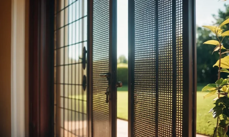 A close-up photo captures a front door adorned with a mesh screen, acting as a barrier against mosquitoes. Sunlight filters through, creating a protective shield while maintaining an inviting entrance.