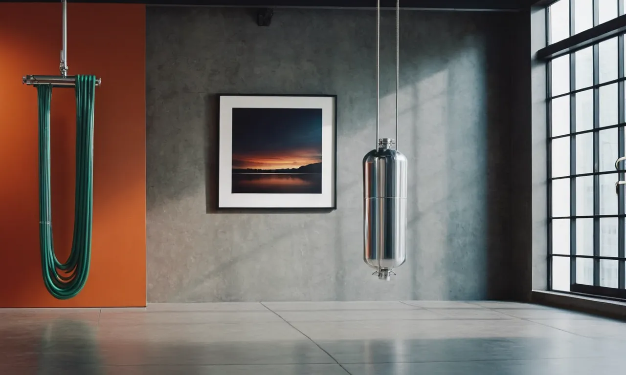 A painting capturing a neatly coiled oxygen tubing suspended from a wall-mounted hook, floating above the floor, symbolizing meticulous organization and care for maintaining hygiene and safety.