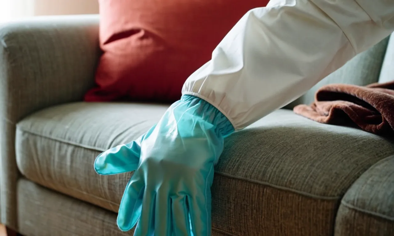 A close-up photo of a gloved hand using a steamer to treat a sofa infested with lice, capturing the intense heat and steam penetrating through the fabric, eradicating the pests.