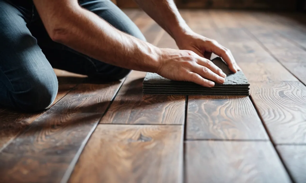 A close-up photo capturing a pair of hands skillfully spreading mortar over a wooden floor, showcasing the precise technique required to lay tiles flawlessly on a wooden surface.