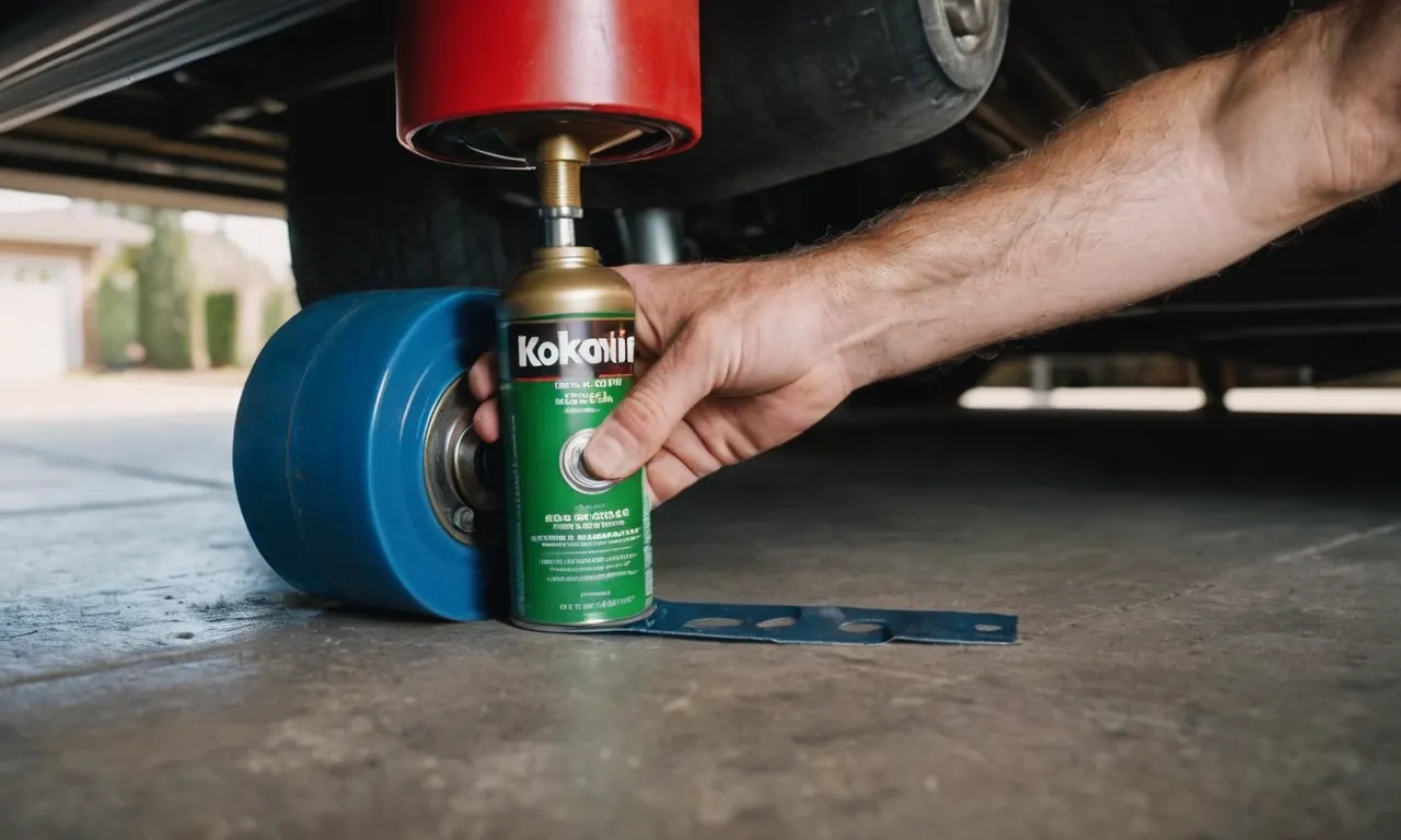 A close-up shot of a hand applying lubricant to the garage door rollers, capturing the smooth, shiny surface and emphasizing the importance of proper maintenance.