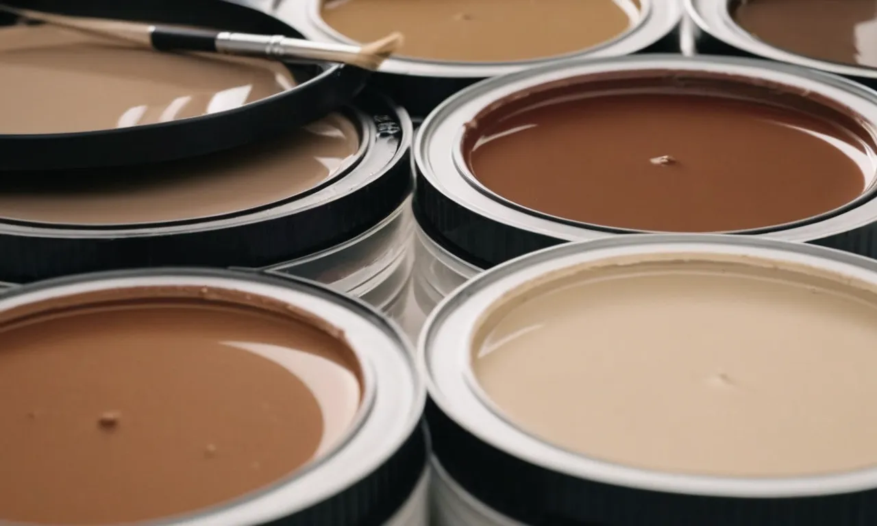 A close-up shot of a palette with different earthy tones of paint, showcasing the mixing process of warm browns and soft creams to create a rich and vibrant beige color.
