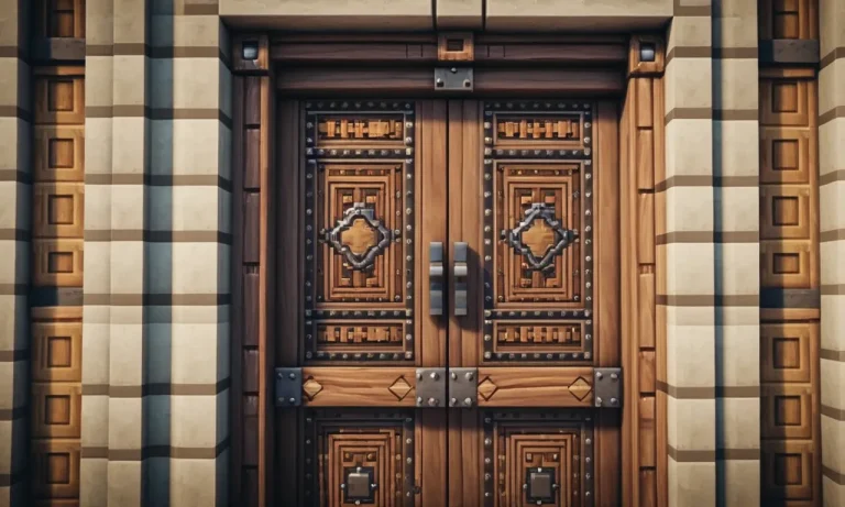 A close-up shot capturing the intricate details of a wooden door in Minecraft, showcasing the player's creative craftsmanship and skill in constructing virtual structures.