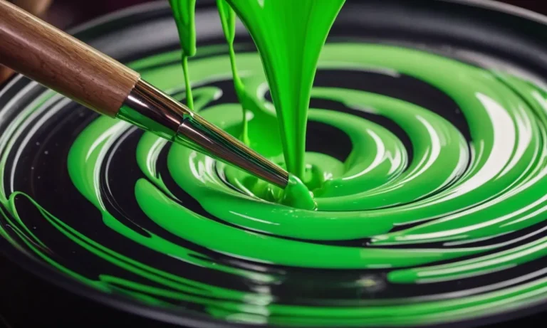 A close-up photo showcasing vibrant neon green paint being mixed with precision, capturing the mesmerizing swirls and the luminosity of the color.