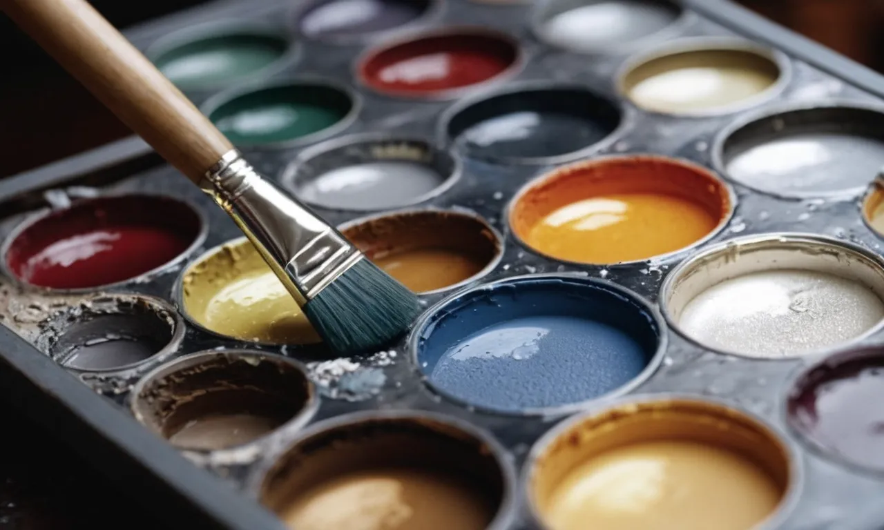 A close-up photograph capturing the intricate details of a painter's palette, showcasing various shades of silver paint meticulously mixed and ready for artistic expression.