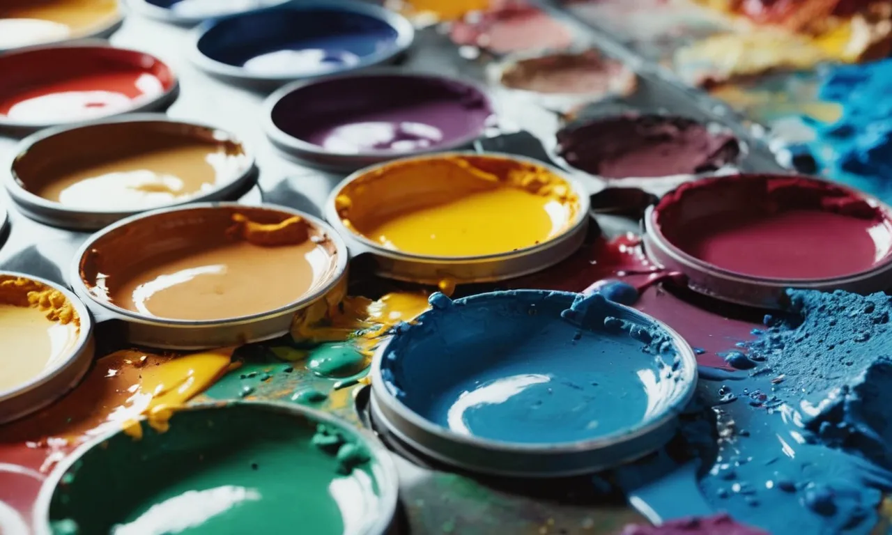 A close-up photo capturing a paint palette with vibrant hues of tempera and acrylic paint, showcasing the process of blending and transforming tempera into acrylic with precise brushstrokes.