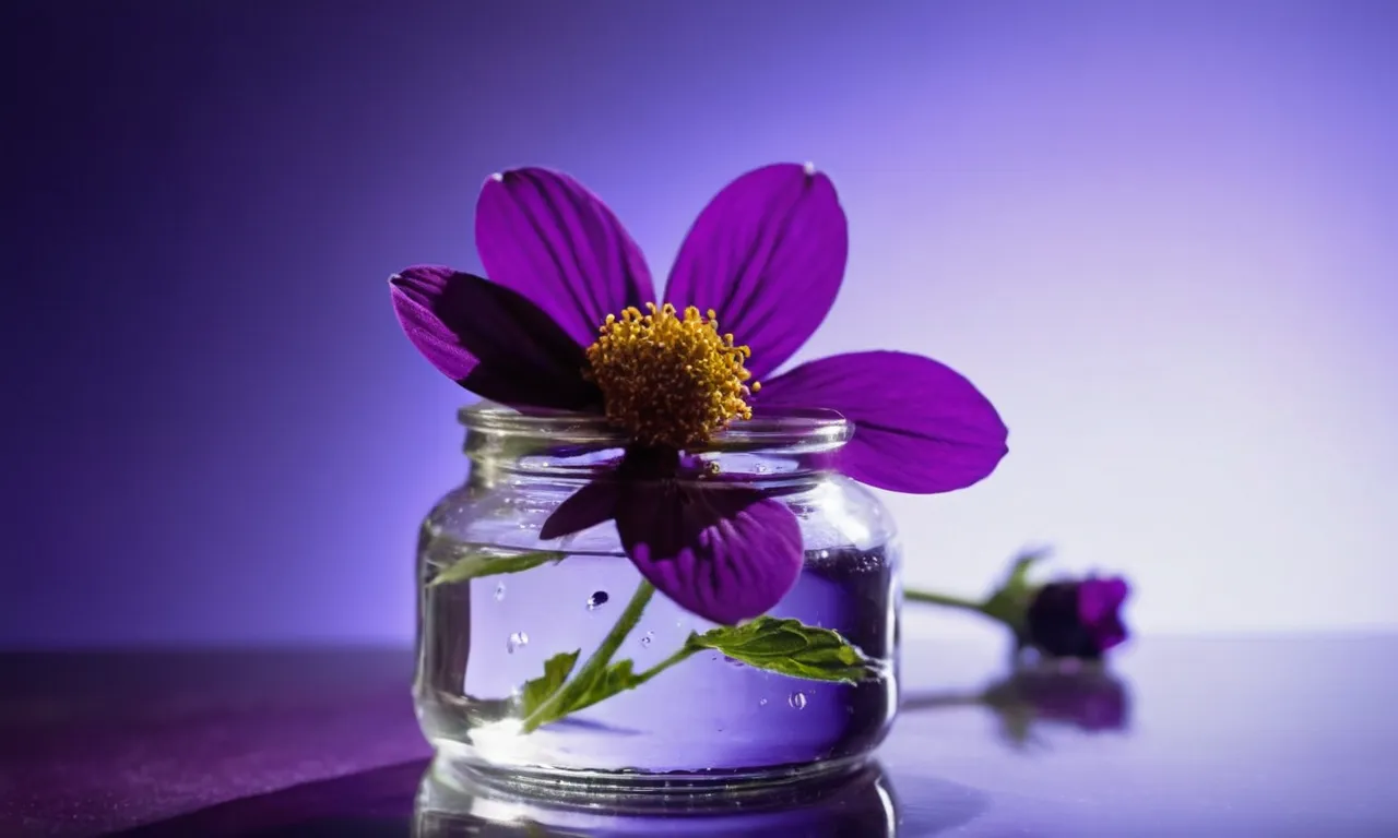 A close-up shot of a vibrant violet flower submerged in a glass jar filled with clear liquid, capturing the essence of the color and its potential as a source for making violet paint.