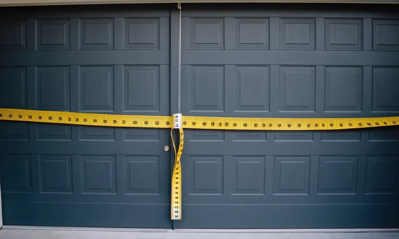 A close-up shot capturing a measuring tape stretched across the width of a garage door, highlighting the precise measurement process for accurate door sizing.
