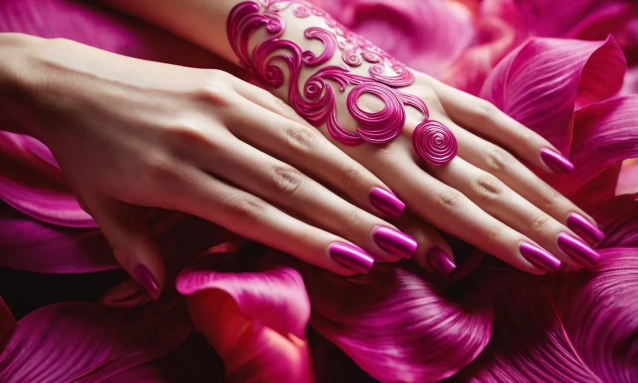A vibrant canvas captures an artist's hands delicately swirling magenta and white, merging with fiery passion, creating the mesmerizing hue of hot pink.