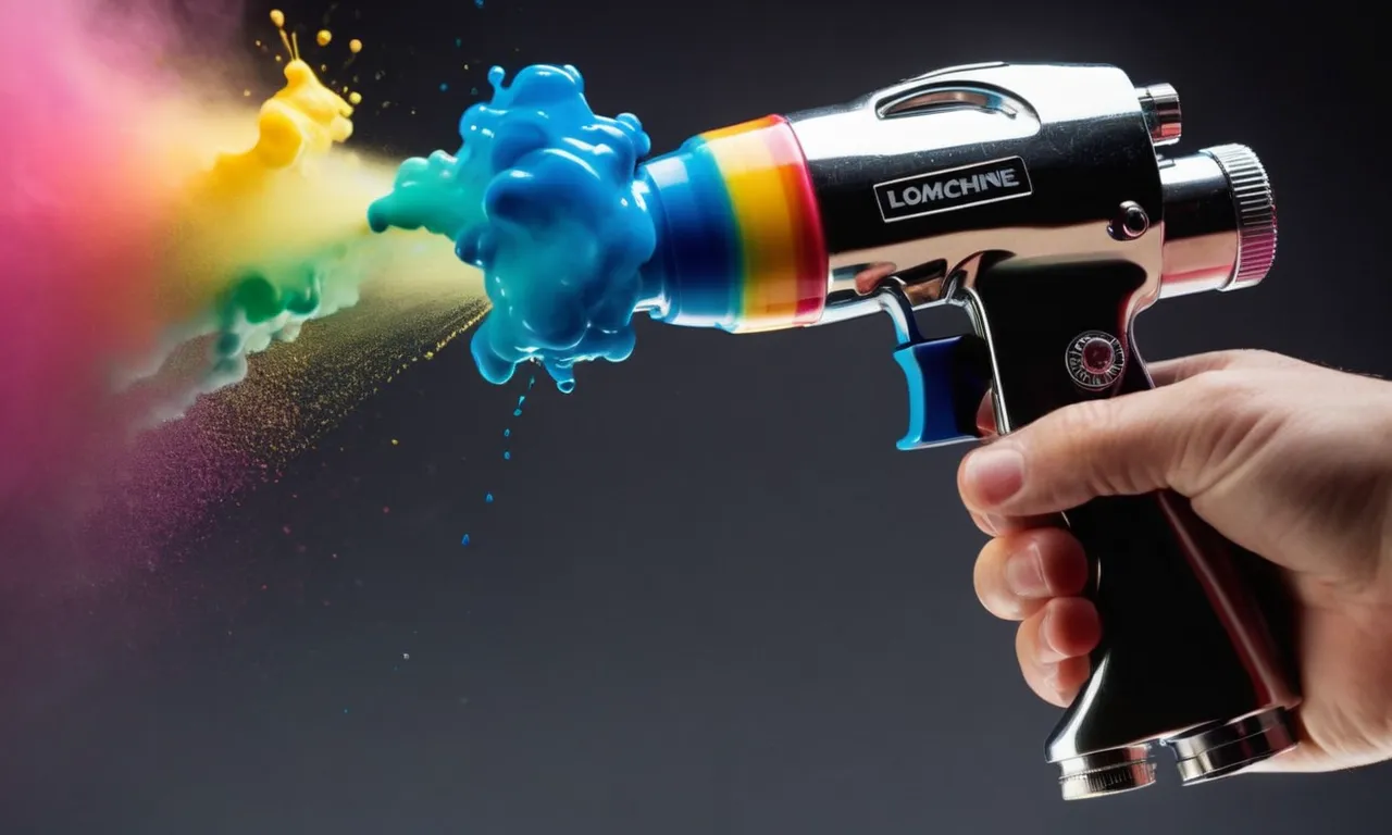 A vivid image captures a hand holding a spray gun, delicately blending vibrant paint hues together, creating a mesmerizing gradient of colors, ready to be unleashed onto a blank canvas.