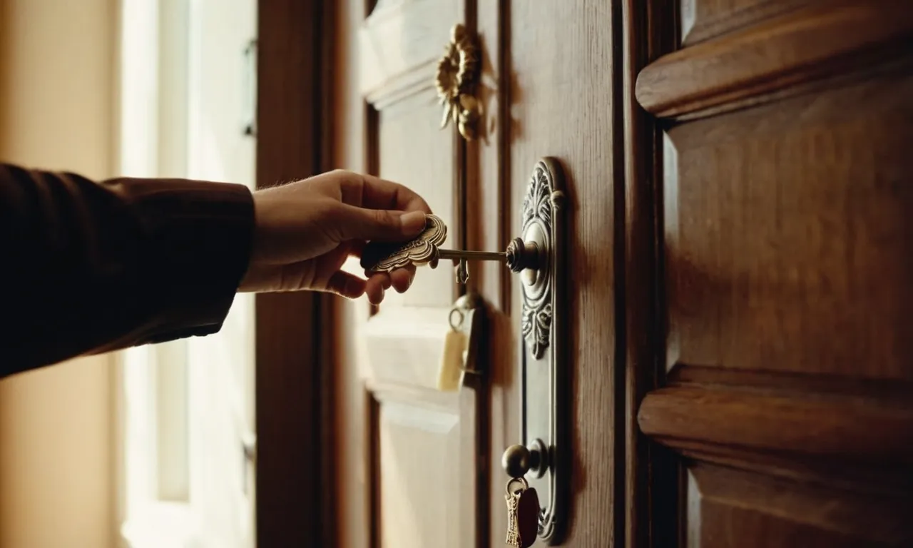 A close-up shot capturing a hand holding a silver key, poised to insert into a keyhole on a wooden door, with sunlight streaming through a nearby window, casting a warm glow.