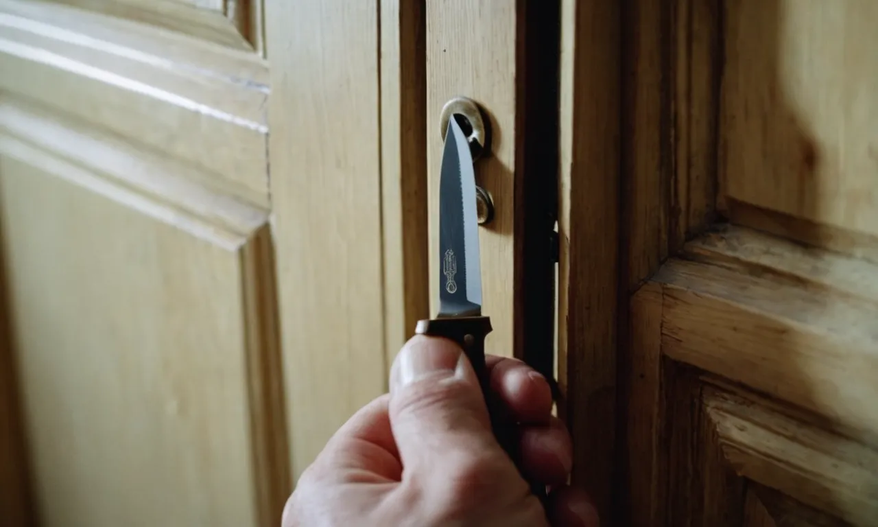 A close-up shot captures a hand gripping a knife's handle, its blade gently wedged into the narrow gap between a locked door and its frame, demonstrating a clever technique to open it.