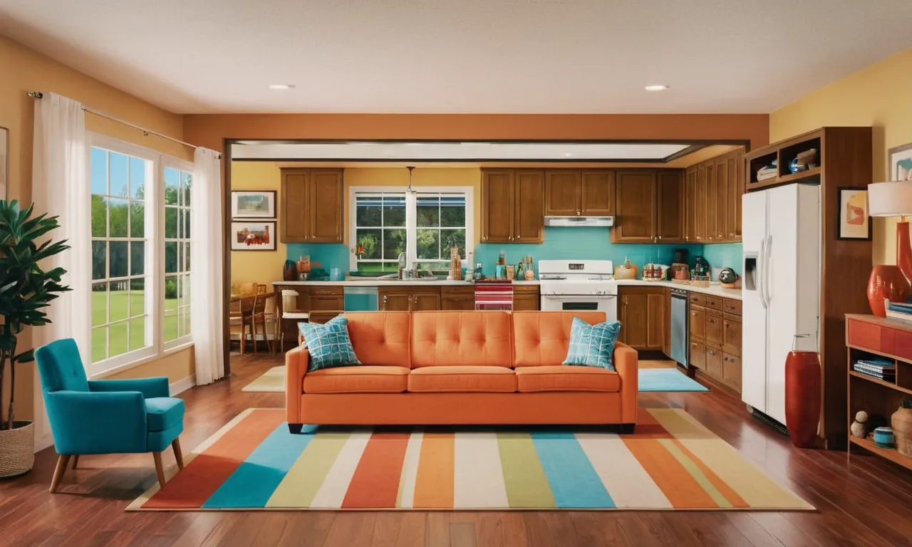 A vibrant painting depicts the iconic Brady Bunch house floor plan, capturing its open layout, retro décor, and the essence of a harmonious family home.