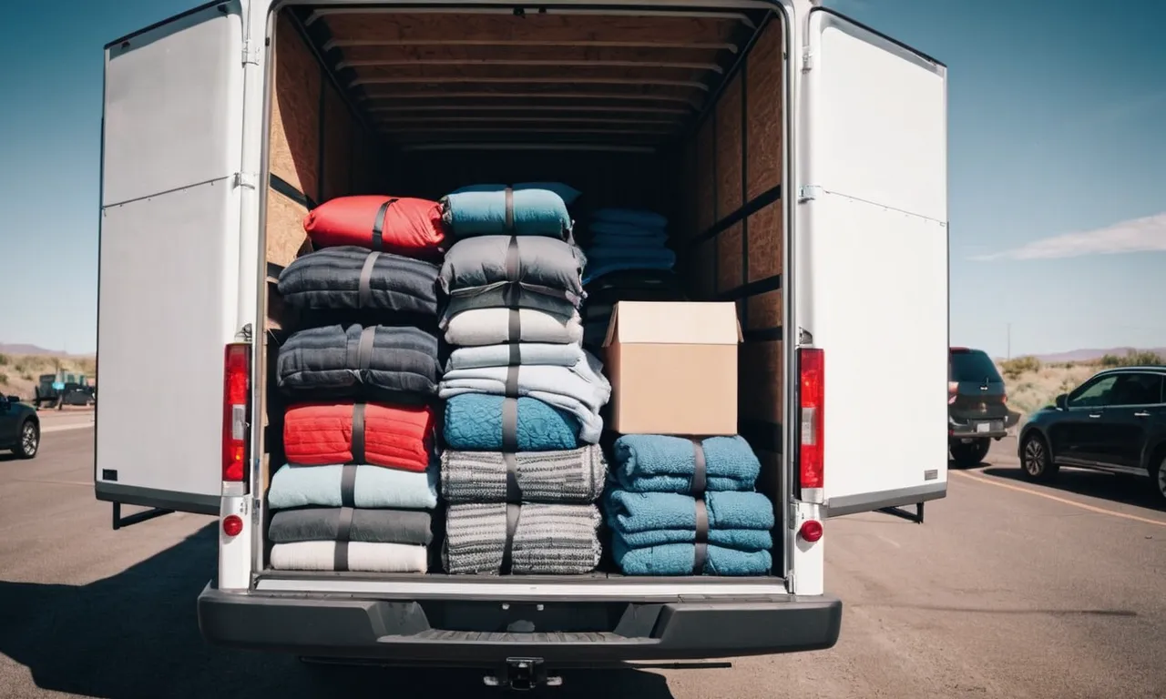 A photo depicting a neatly packed moving truck, showcasing carefully wrapped and stacked furniture, secured with moving blankets and straps, ready for a safe and organized relocation.