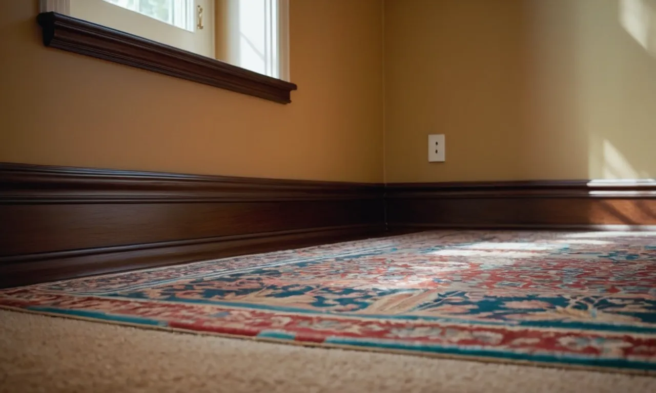 A painting capturing the intricacies of painting baseboards with carpet, showcasing the delicate balance between precision and protection, merging color and texture seamlessly.