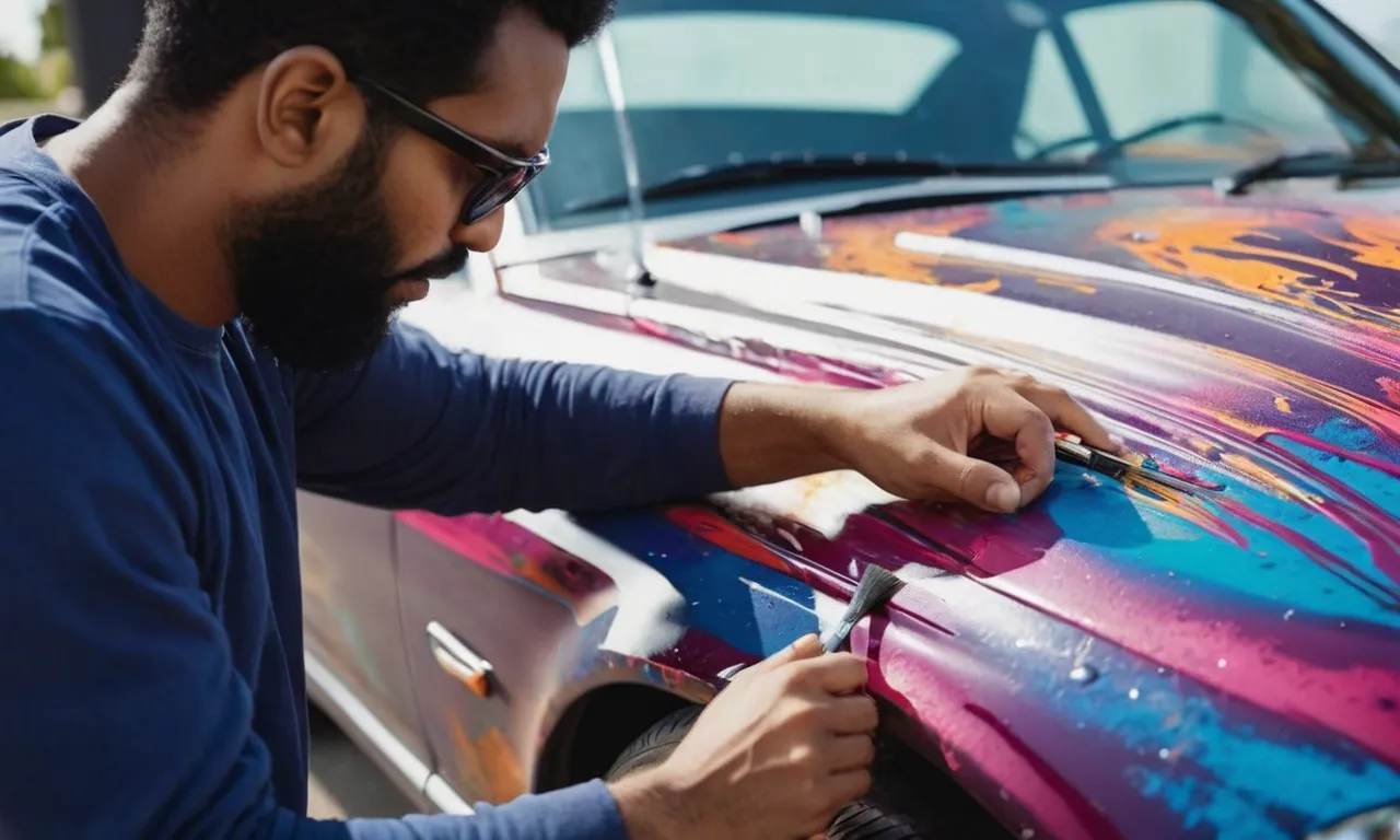 A close-up photo capturing a skilled artist delicately applying layers of vibrant paint onto a car hood, showcasing the intricate brushstrokes and the transformation of the blank surface into a work of art.
