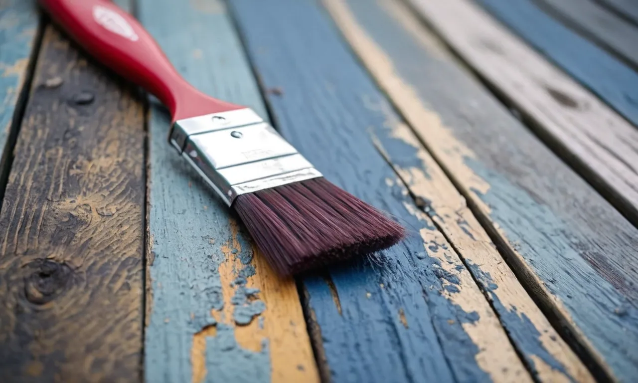 A close-up photo captures a paintbrush delicately maneuvering between weathered deck boards, creating a precise and even coat of paint, enhancing the overall appearance of the outdoor space.