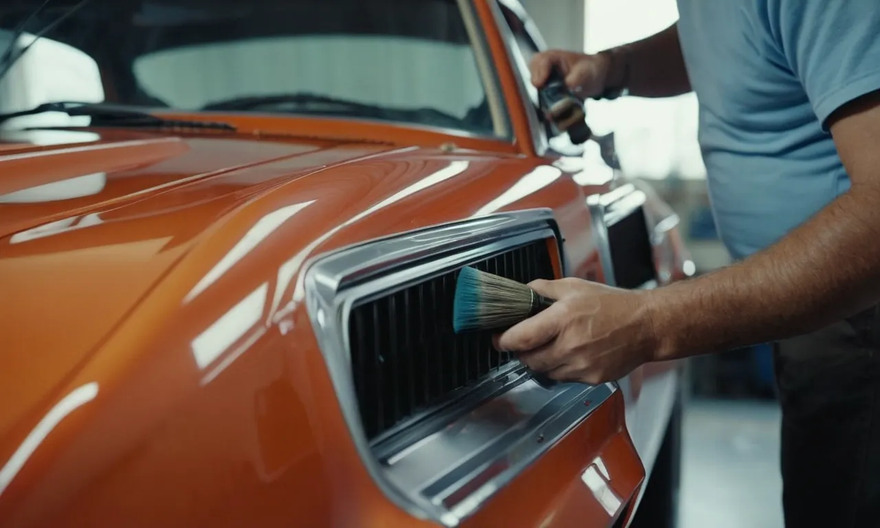 A close-up photo capturing the meticulous process of a skilled painter expertly matching car paint, showcasing the blending of colors and attention to detail.