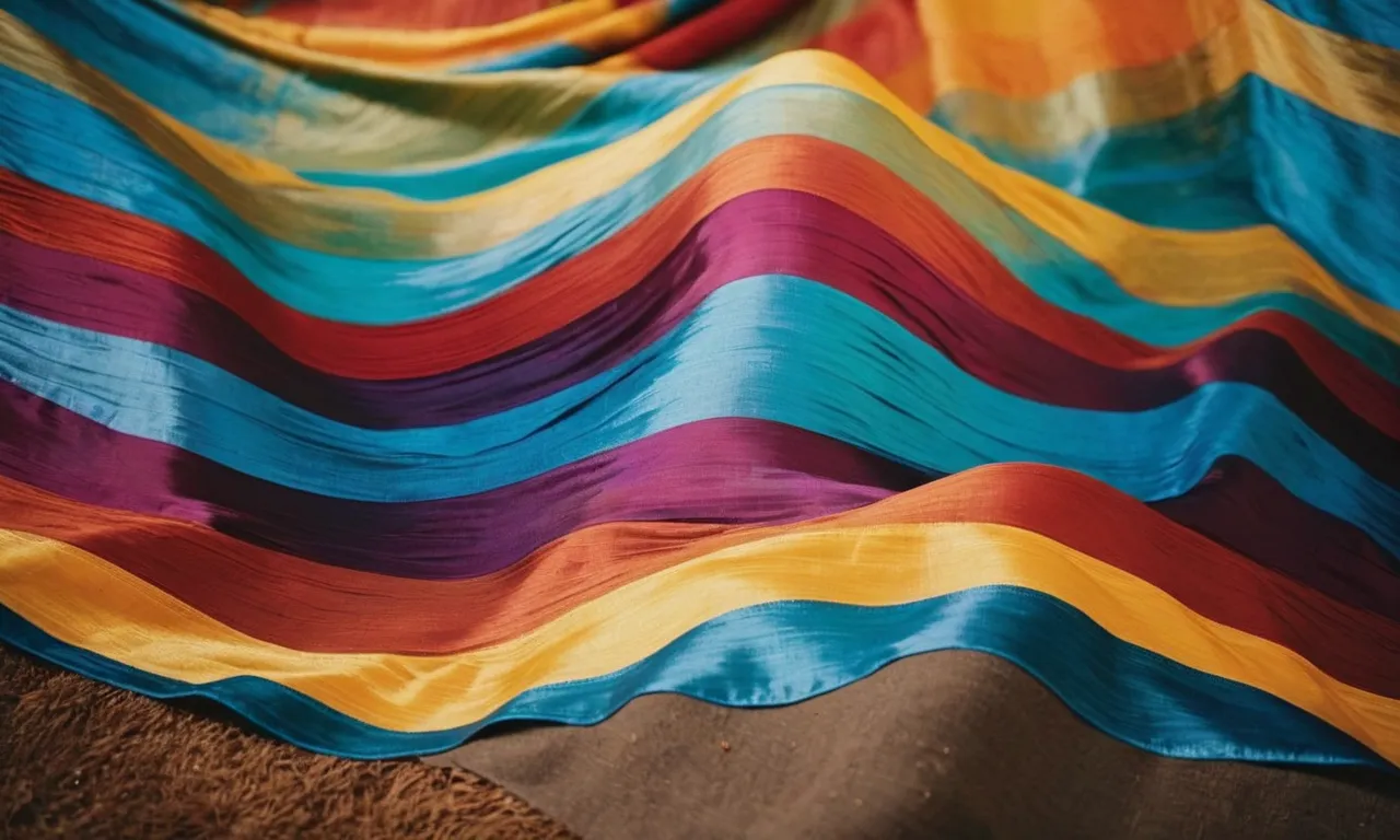 A vibrant masterpiece captures the delicate art of painting on silk. Bold brushstrokes dance across the fabric, revealing the secrets of this ancient technique in a symphony of colors and textures.