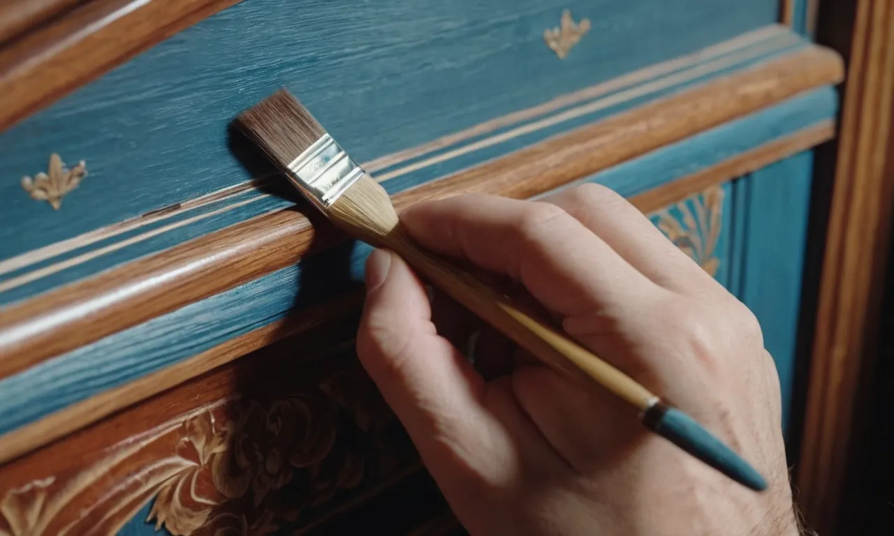 A close-up photo of a hand delicately painting a wooden trim with a small brush, showcasing the precision and attention to detail required in the process.