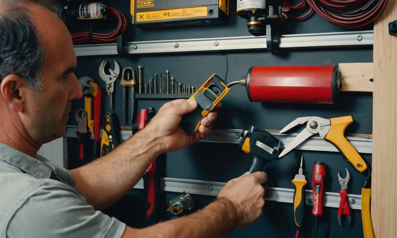 A painting capturing the intricate process of reattaching a garage door emergency pull, showcasing the delicate hands of a skilled technician working meticulously amidst a backdrop of tools and wires.