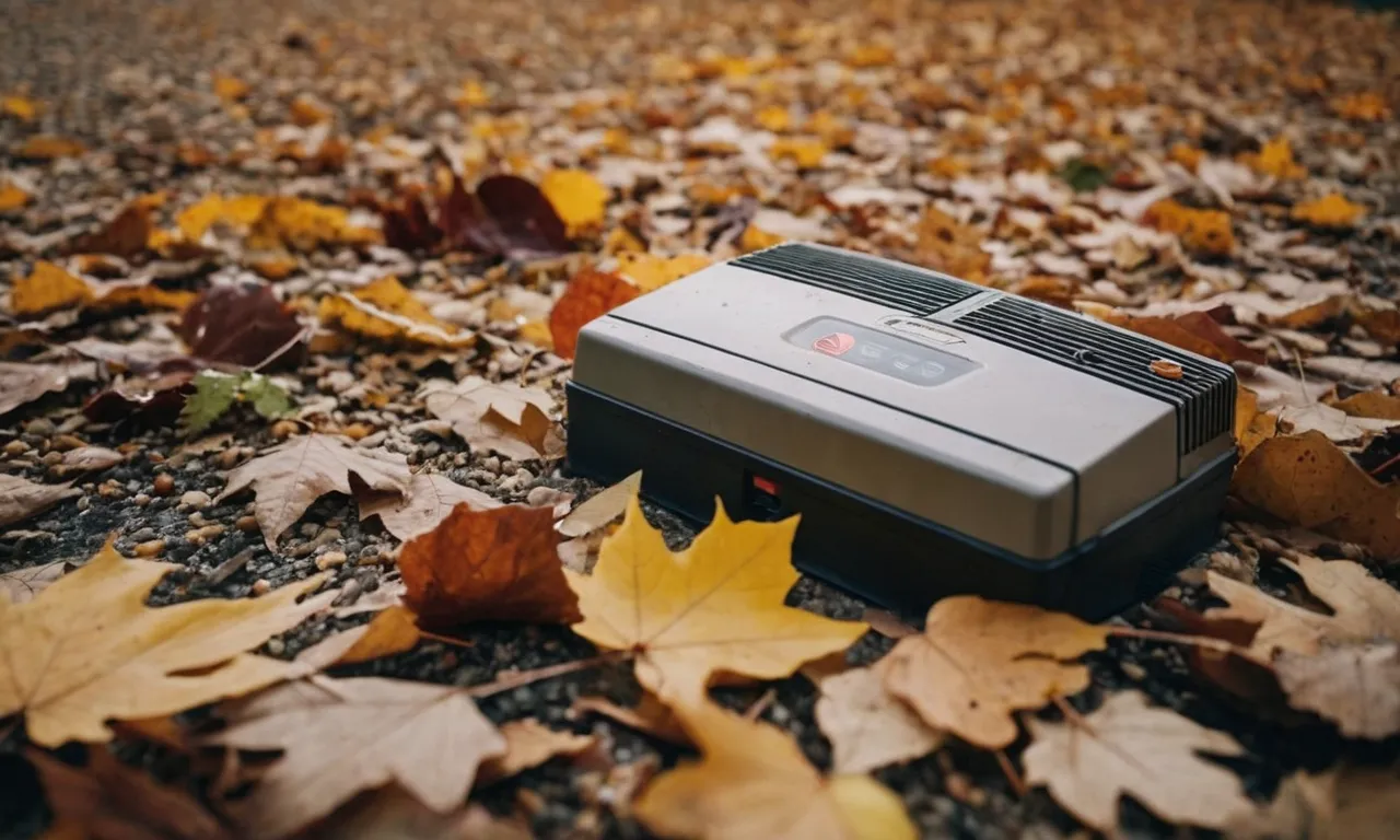 A close-up photo showcasing a lost garage door opener lying on the ground, partially hidden under fallen leaves, highlighting the urgency of its recovery.