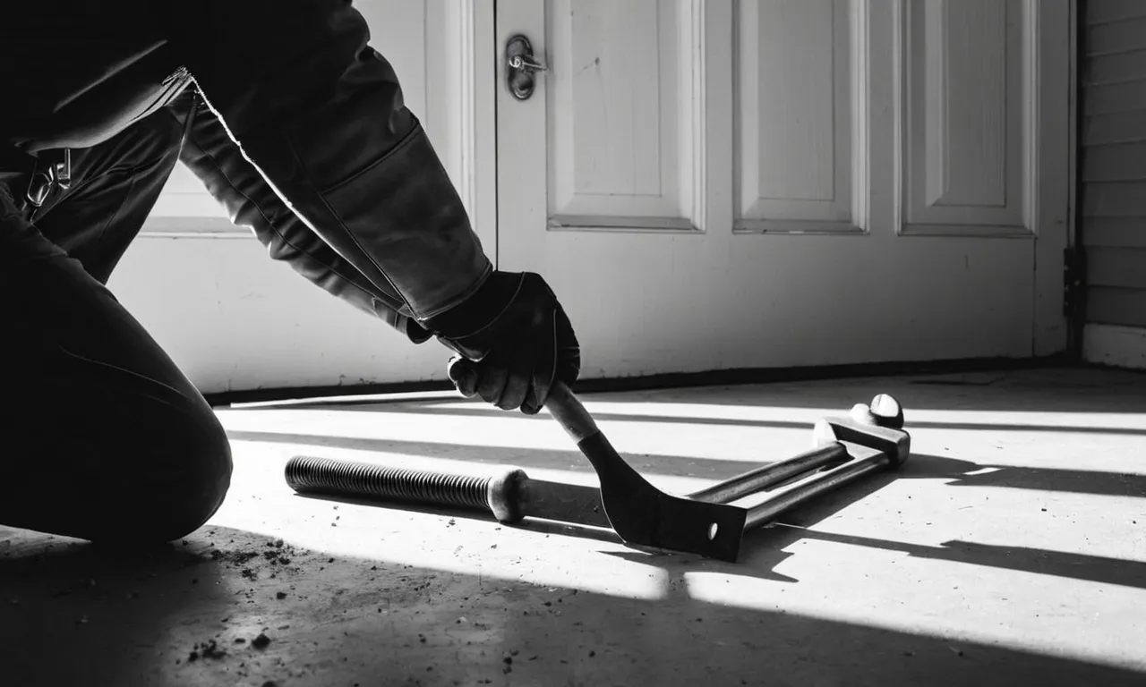 A black and white photo captures a pair of gloved hands gripping a crowbar, prying open a garage door, with tools scattered on the ground and sunlight streaming through the partially opened door.