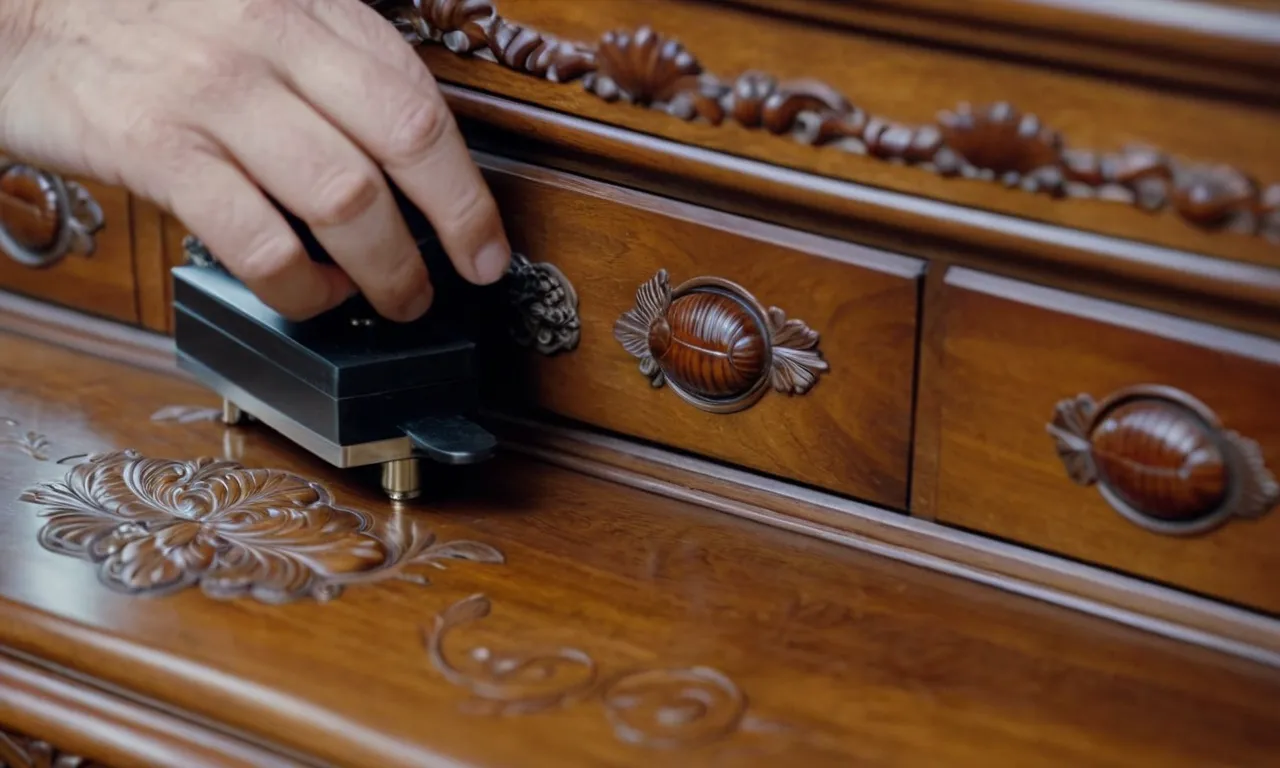 A close-up photo capturing the process of using a handheld steamer on the intricate carvings of a wooden dresser, effectively eliminating bed bugs and their eggs.