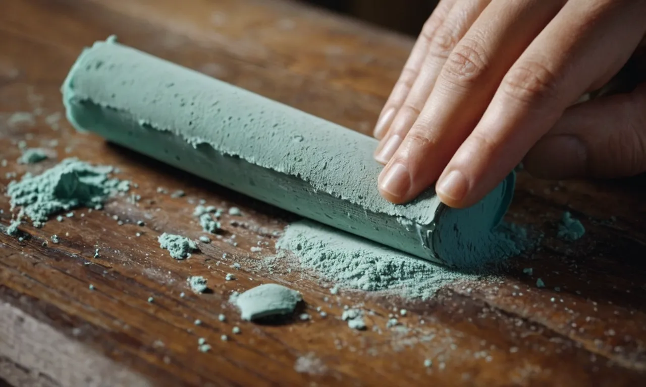 A close-up photo capturing a hand gently scrubbing away chalk paint residue from a wooden surface, revealing the natural grain and texture underneath.