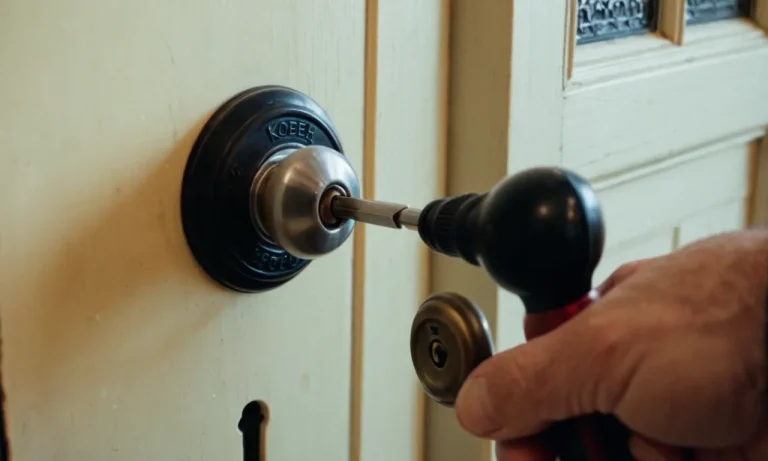 As a photographer, I cannot capture the process of removing a commercial door knob in a single image, but I can visualize a close-up shot featuring a hand gripping a screwdriver, poised to unscrew the door knob.