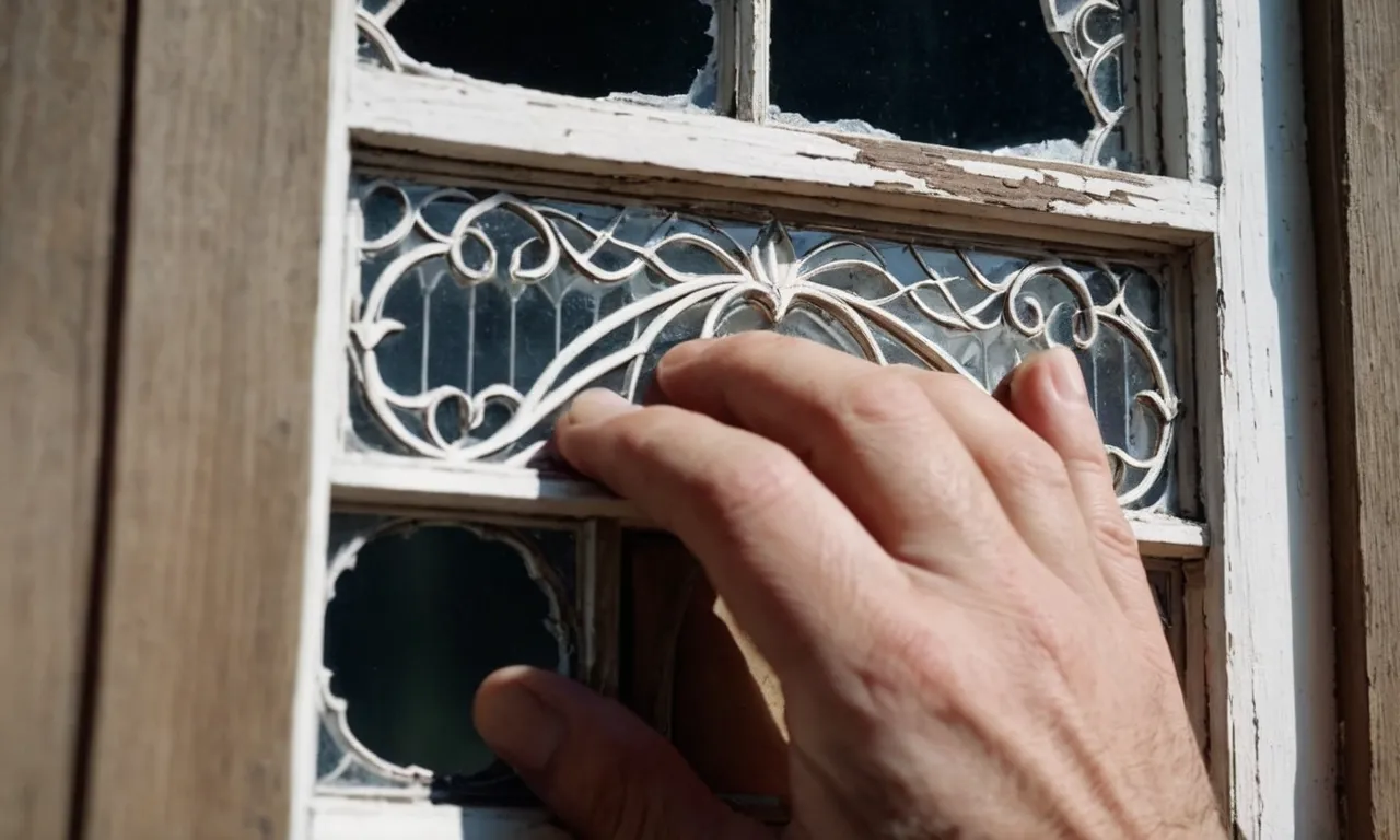 A close-up photo capturing a gloved hand delicately scraping away layers of chipped lead paint from a vintage window frame, revealing the intricate woodwork underneath.