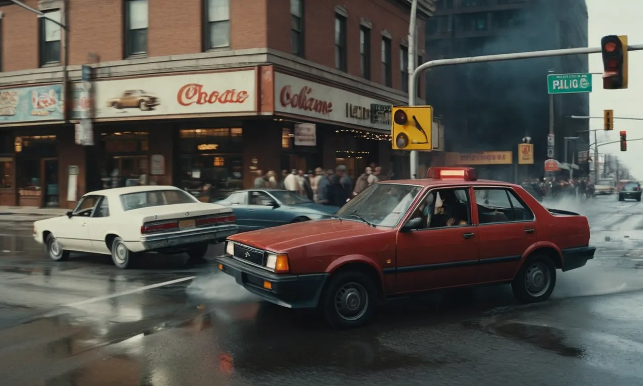 A chaotic scene captured in a painting: a car hurtling towards an intersection, brakes failing, wheels screeching, as the pedal sinks to the floor, evoking a sense of impending disaster.