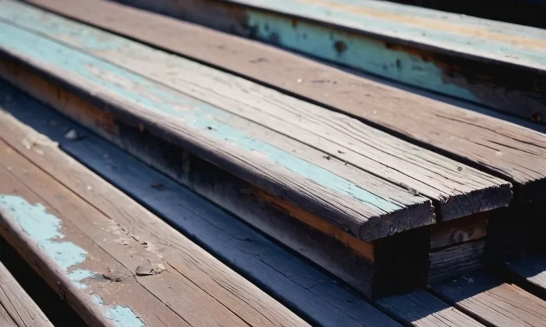 A close-up photograph capturing a weathered wooden deck, showing layers of peeling paint and the textured grain underneath, revealing the need for paint removal.