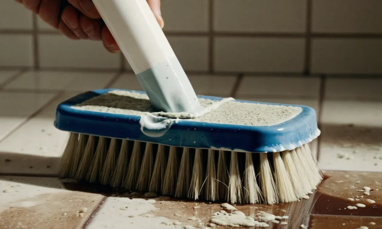 A close-up photo capturing a scrub brush gently removing paint residue from the textured surface of grout, revealing the clean and restored appearance beneath.