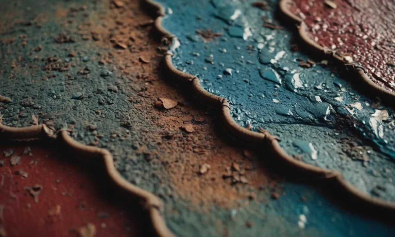 A close-up photo capturing a leather surface marred by dried paint, showcasing the intricate texture and color variations, hinting at the challenge of removing the unwanted paint.