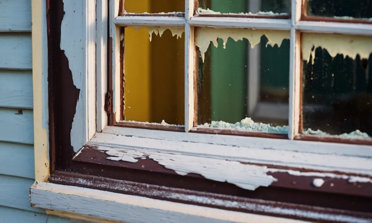 A close-up shot captures a paint-covered window frame, revealing the intricate details and textures of the peeling layers, conveying the need for restoration and the potential for a fresh, clean look.