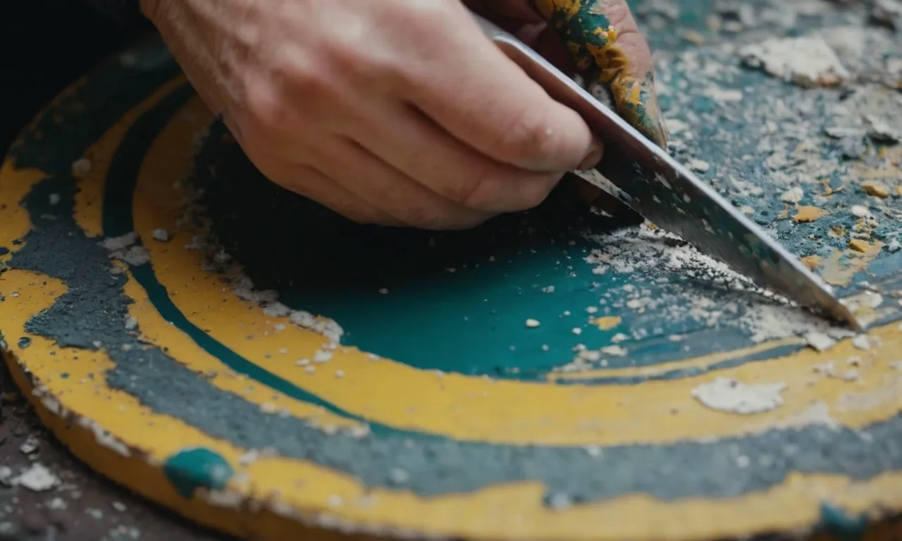 A close-up shot of a skilled hand delicately scraping away layers of chipped paint, revealing the vibrant colors of the original artwork underneath.