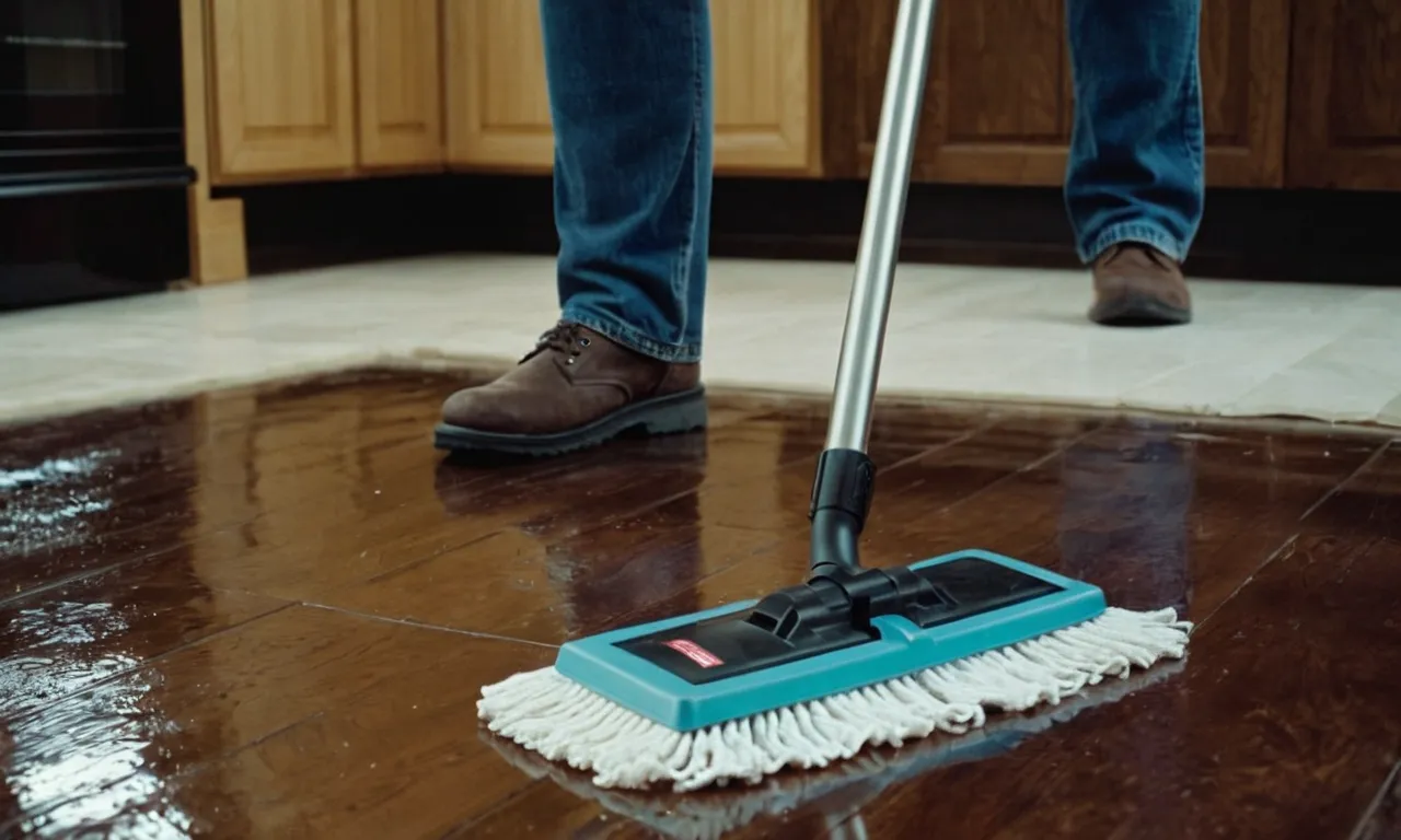 A photo of a person wearing gloves and using a mop to vigorously scrub a floor covered in quick shine floor finish, with a determined expression on their face.