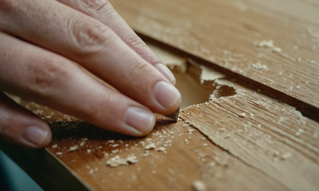 A close-up photo capturing skilled hands delicately applying wood filler to a cracked particle board surface, showcasing the meticulous process of repairing damaged furniture.