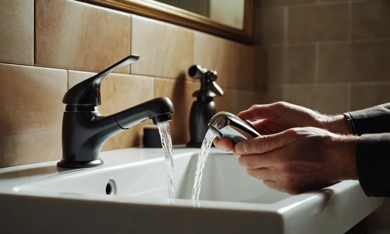 A close-up shot of a pair of hands holding a new bathroom sink faucet, ready to be installed, with the old faucet lying on the side.