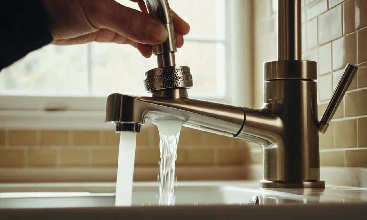 A close-up shot of a faucet handle being unscrewed, revealing the old washer underneath, ready to be replaced with a new one.
