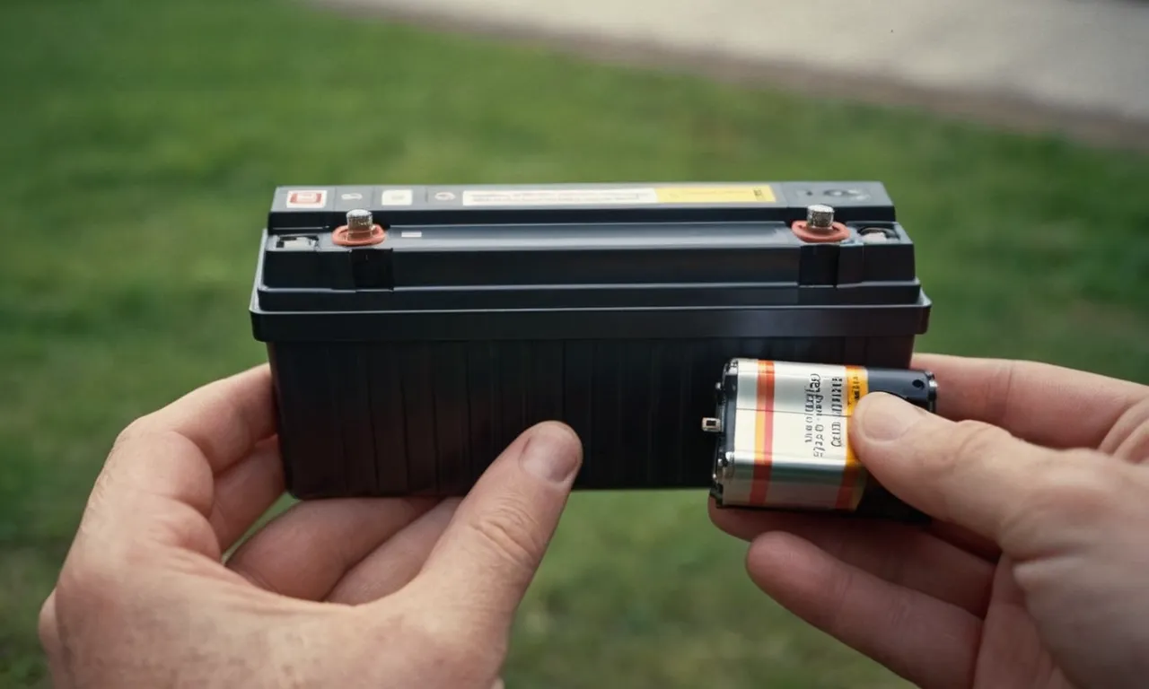 A close-up photograph showcasing a hand holding a new battery, while the other hand replaces the old battery in a garage door opener, demonstrating the process of replacing the battery.