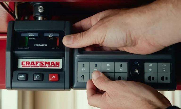 A close-up shot capturing skilled hands pressing the reset button on a Craftsman garage door opener, displaying determination and expertise in resolving technical issues.