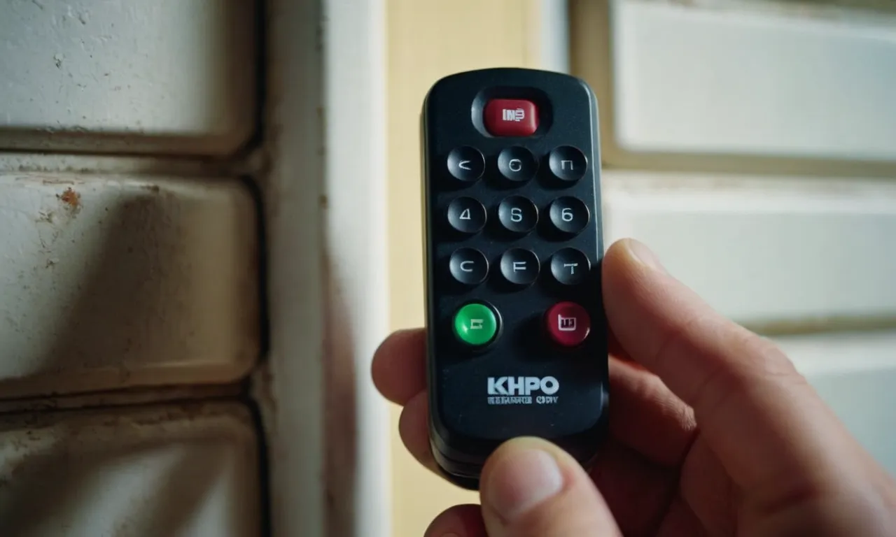 A close-up shot of a person's hand holding a garage door remote, while pressing the reset button with a determined expression on their face.