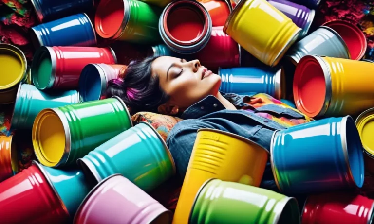 A surreal capture: Vibrant paint cans surround a sleeping figure, their colorful fumes intertwining with the air as if breathing life into dreams.
